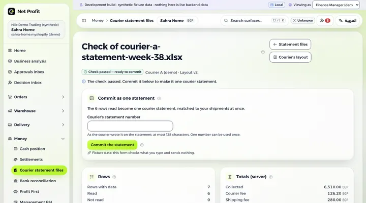 A courier statement file checked before it is committed, with demo data