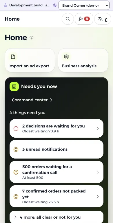 The home screen on a phone, with demo data